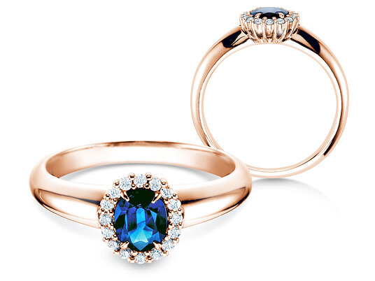 Verlobungsring Windsor in 14K Roségold mit Saphir 0,60ct und Diamanten 0,12ct