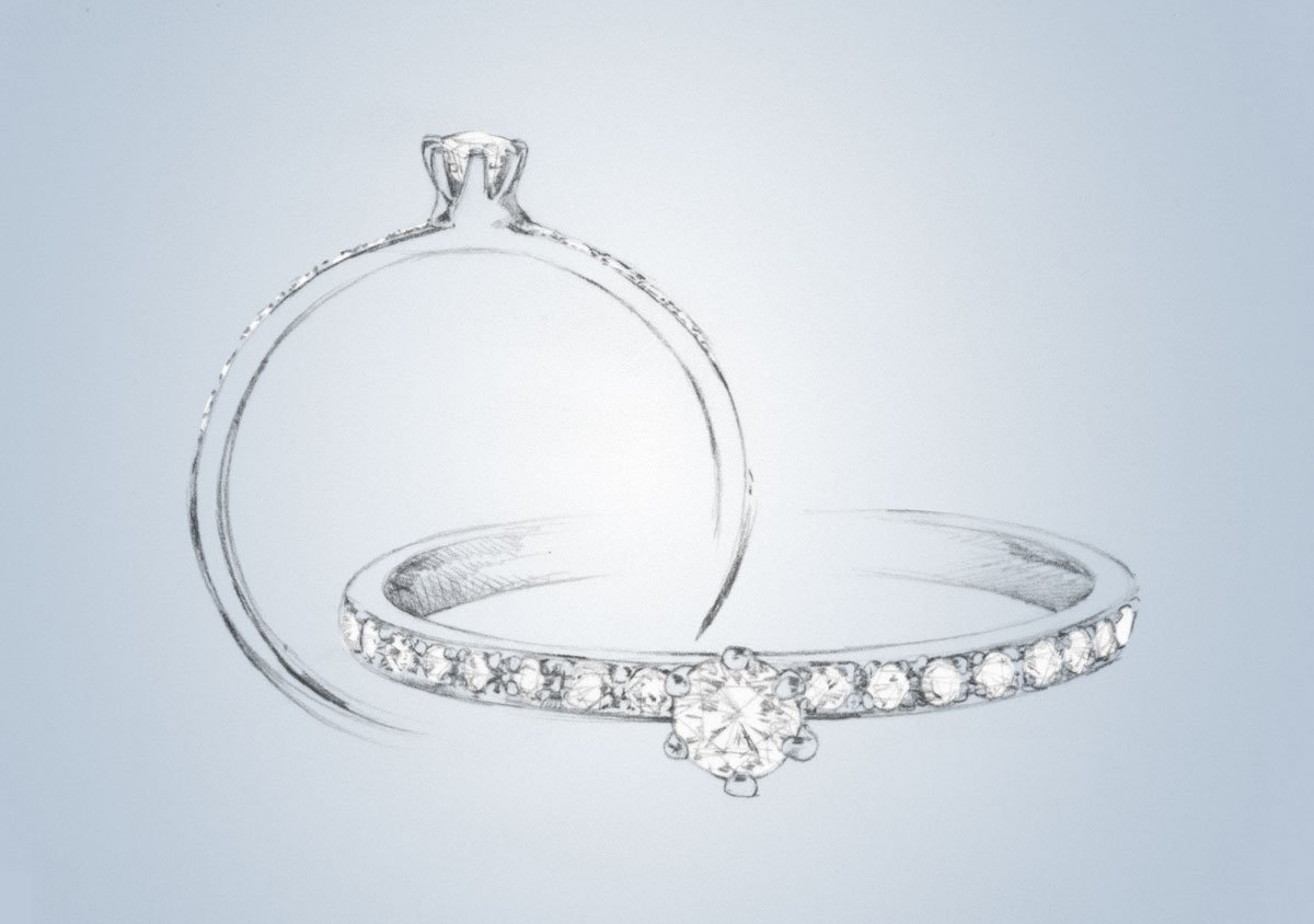 Skizze Verlobungsringe mit edlem Pavé aus Diamanten