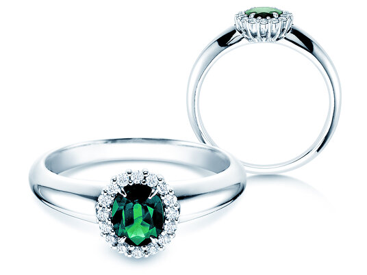 Verlobungsring Windsor in 18K Weißgold mit Smaragd 0,60ct und Diamanten 0,12ct