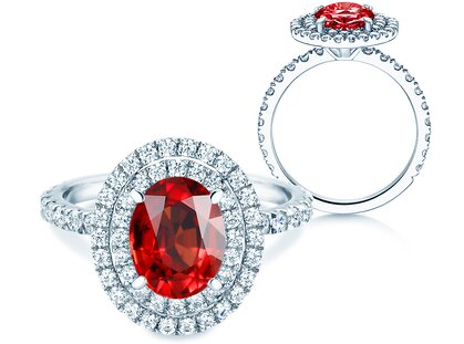Verlobungsring Double Halo in 9K Weißgold mit Rubin 0,60ct und Diamanten 0,35ct