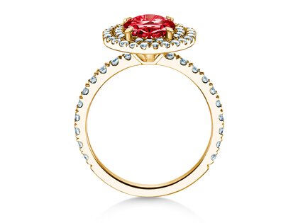 Verlobungsring Double Halo in 9K Gelbgold mit Rubin 2,50ct und Diamanten 0,80ct