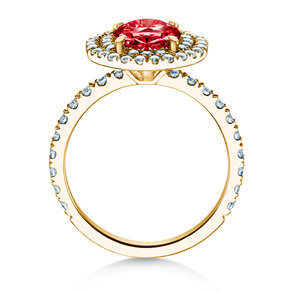 Verlobungsring Double Halo in 9K Gelbgold mit Rubin 2,50ct und Diamanten 0,80ct