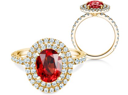 Verlobungsring Double Halo in 14K Gelbgold mit Rubin 0,60ct und Diamanten 0,35ct