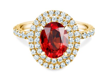 Verlobungsring Double Halo in 9K Gelbgold mit Rubin 2,50ct und Diamanten 0,80ct