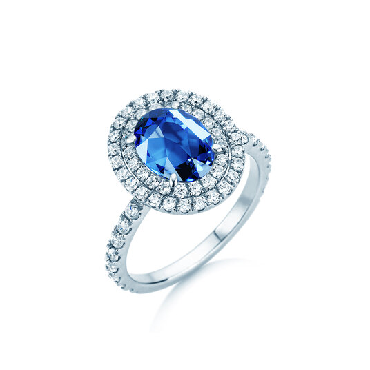 Verlobungsring Double Halo in 9K Weißgold mit Smaragd 0,60ct und Diamanten 0,35ct