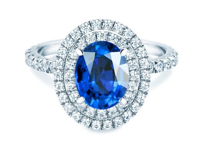 Verlobungsring Double Halo in 14K Weißgold mit Saphir 1,00ct und Diamanten 0,58ct
