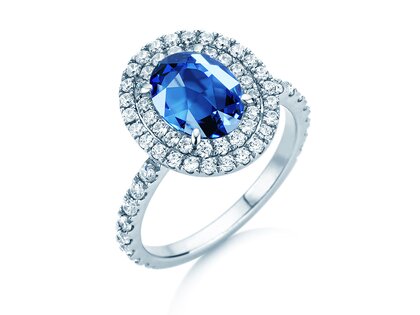 Verlobungsring Double Halo in 14K Weißgold mit Saphir 1,00ct und Diamanten 0,58ct