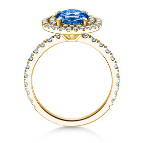 Verlobungsring Double Halo in 14K Gelbgold mit Saphir 1,00ct und Diamanten 0,58ct