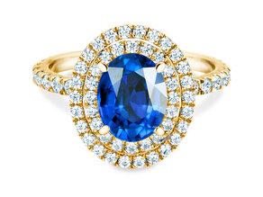 Verlobungsring Double Halo in 14K Gelbgold mit Saphir 1,00ct und Diamanten 0,58ct