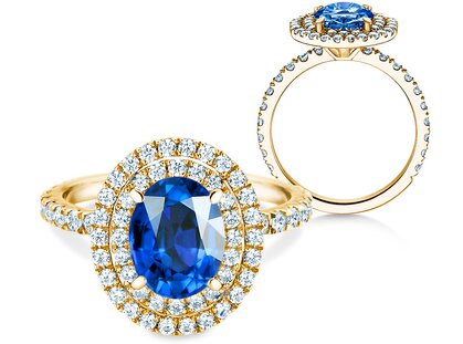 Verlobungsring Double Halo in 14K Gelbgold mit Saphir 0,60ct und Diamanten 0,35ct