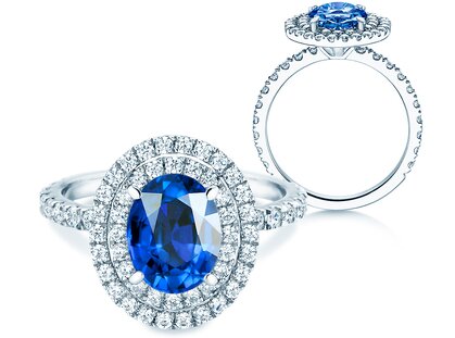 Verlobungsring Double Halo in Platin 950/- mit Saphir 0,60ct und Diamanten 0,44ct