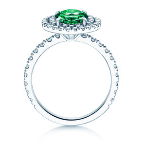 Verlobungsring Double Halo in 9K Weißgold mit Smaragd 0,60ct und Diamanten 0,35ct