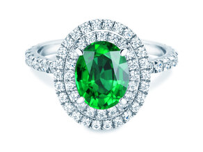 Verlobungsring Double Halo in 9K Weißgold mit Smaragd 0,60ct und Diamanten 0,35ct