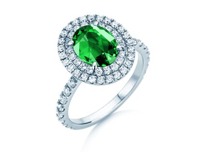 Verlobungsring Double Halo in 9K Weißgold mit Smaragd 0,60ct und Diamanten 0,35ct
