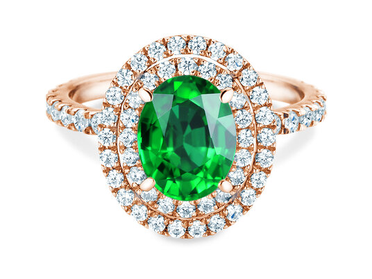 Verlobungsring Double Halo in 9K Roségold mit Smaragd 0,60ct und Diamanten 0,35ct
