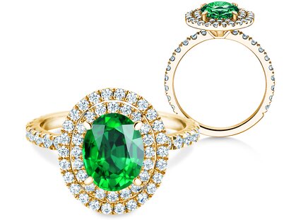 Verlobungsring Double Halo in 14K Gelbgold mit Smaragd 0,60ct und Diamanten 0,44ct