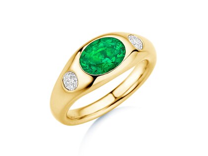 Ring Three-Stone Signet in 14K Gelbgold mit Smaragd 1,35ct und natürliche Diamanten 0,30ct