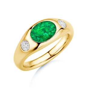 Ring Three-Stone Signet in 14K Gelbgold mit Smaragd 1,35ct und natürliche Diamanten 0,30ct