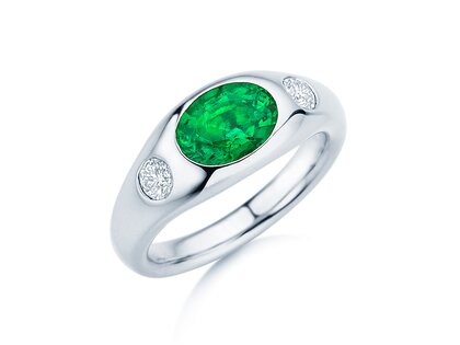 Ring Three-Stone Signet in 9K Weißgold mit Smaragd 1,35ct und natürliche Diamanten 0,30ct