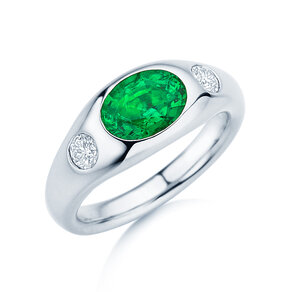 Ring Three-Stone Signet in 9K Weißgold mit Smaragd 1,35ct und natürliche Diamanten 0,30ct