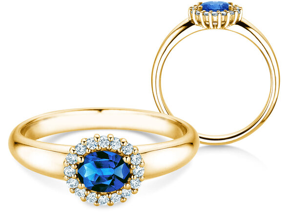 Verlobungsring Windsor Cross in 14K Gelbgold mit Saphir 0,60ct und Diamanten 0,12ct
