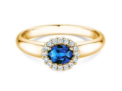 Verlobungsring Windsor Cross in 14K Gelbgold mit Saphir 0,60ct und Diamanten 0,12ct