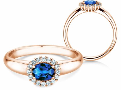 Verlobungsring Windsor Cross in 14K Roségold mit Saphir 0,60ct und Diamanten 0,12ct