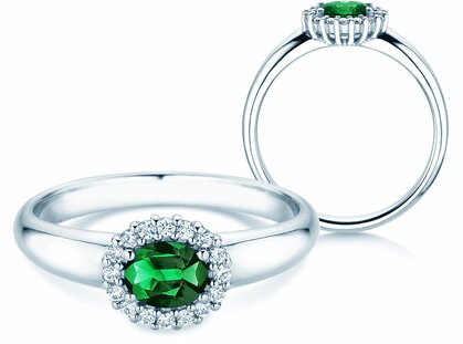 Verlobungsring Windsor Cross in Platin 950/- mit Smaragd 0,60ct und Diamanten 0,12ct