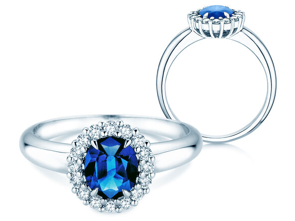 Verlobungsring Windsor Royal in 9K Weißgold mit Saphir 1,20ct und Diamanten 0,28ct
