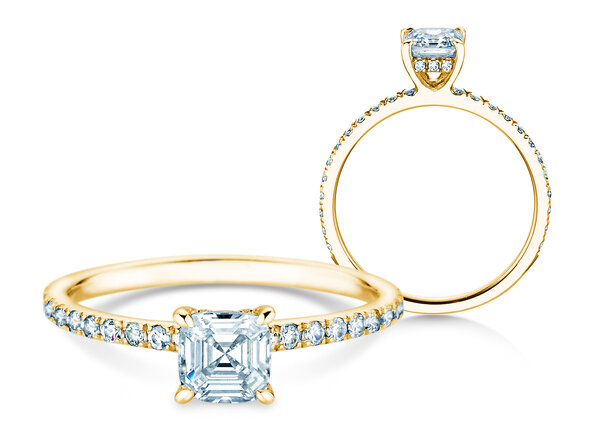 Verlobungsring Asscher Cut Pavé in 14K Gelbgold mit Diamanten 0,37ct G/VS