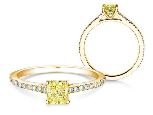 Verlobungsring Fancy Yellow Cushion Pavé in 14K Gelbgold mit Diamanten 0,77ct G/SI