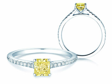 Verlobungsring Fancy Yellow Cushion Pavé in 14K Weißgold mit Diamanten 0,77ct G/SI