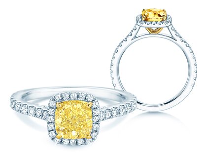 Verlobungsring Fancy Yellow Halo Cushion Pavé in 9K Weißgold mit Diamanten 1,81ct G/SI