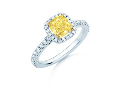 Verlobungsring Fancy Yellow Halo Cushion Pavé in 9K Weißgold mit Diamanten 1,81ct G/SI