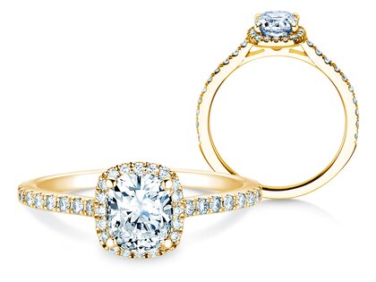 Verlobungsring Halo Cushion Pavé in 9K Gelbgold mit Labordiamanten 1,30ct E/VS