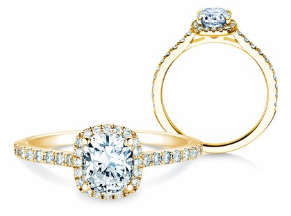 Verlobungsring Halo Cushion Pavé in Gelbgold