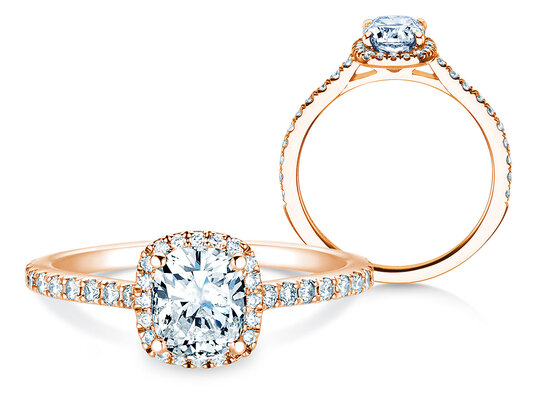 Verlobungsring Halo Cushion Pavé in 9K Roségold mit Diamanten 0,80ct G/SI
