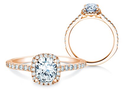 Verlobungsring Halo Cushion Pavé in 9K Roségold mit Diamanten 0,80ct G/SI