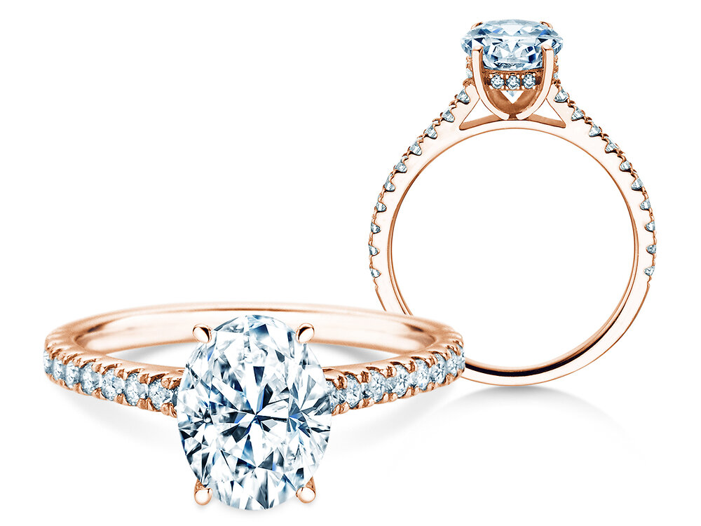 Verlobungsring Oval Hidden Halo Pavé in 9K Roségold mit Diamanten 1,03ct G/SI