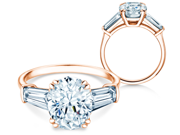 Verlobungsring Oval Tapered Baguette in 9K Roségold mit Labordiamanten 0,70ct E/VS