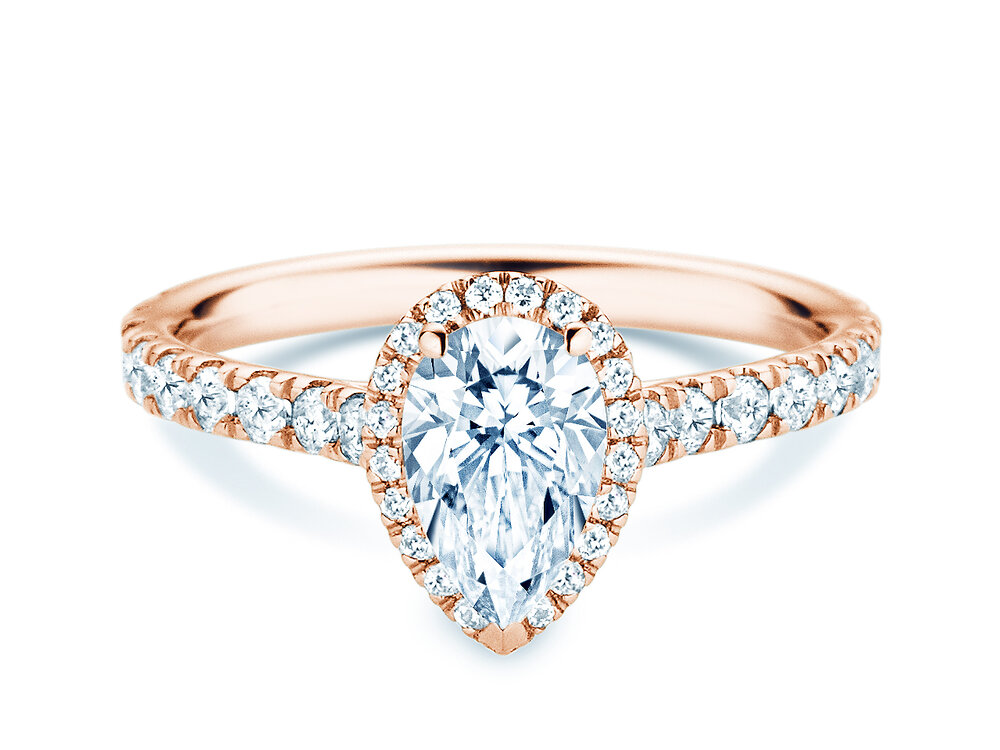 Verlobungsring Pear Halo Pavé in 9K Roségold mit Diamanten 0,88ct G/SI
