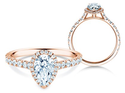 Verlobungsring Pear Halo Pavé in 9K Roségold mit Diamanten 0,58ct G/SI