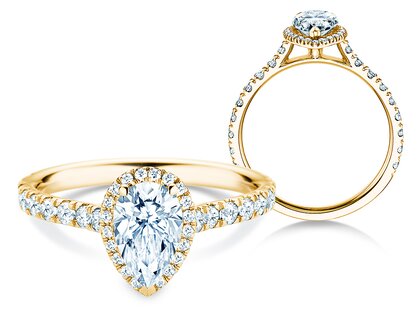 Verlobungsring Pear Halo Pavé in 9K Gelbgold mit Diamanten 0,88ct G/SI
