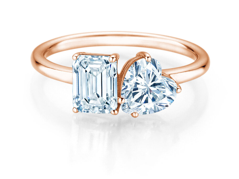 Verlobungsring Toi et Moi Emerald & Heart in 18K Roségold mit Labordiamanten 0,40ct E/VS