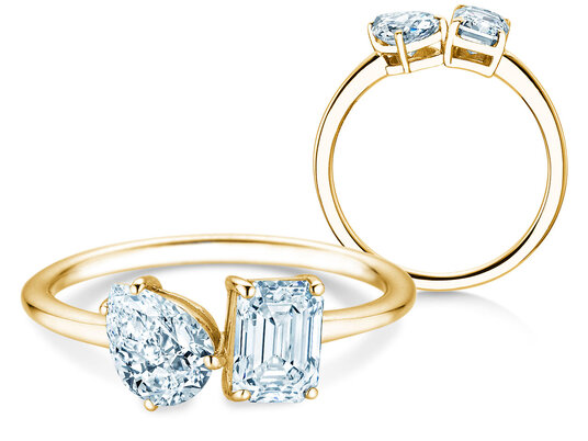 Verlobungsring Toi et Moi Pear & Emerald in 14K Gelbgold mit Labordiamanten 0,30ct E/VS