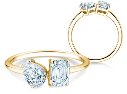 Verlobungsring Toi et Moi Pear & Emerald in 14K Gelbgold mit Diamanten 0,30ct G/VS