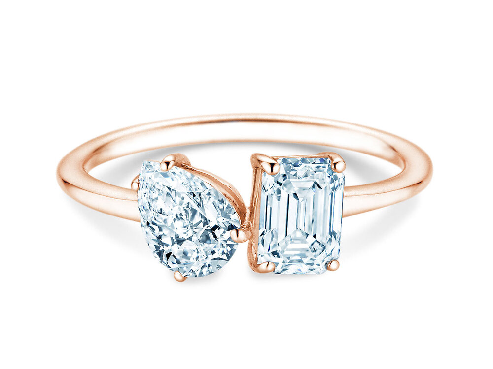 Verlobungsring Toi et Moi Pear & Emerald in 9K Roségold mit Labordiamanten 1,50ct E/VS