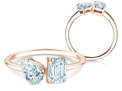 Verlobungsring Toi et Moi Pear & Emerald in 9K Roségold mit Diamanten 0,30ct G/VS