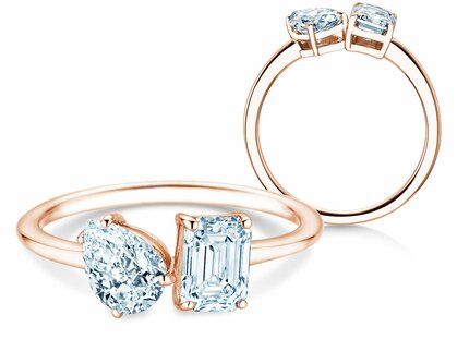 Verlobungsring Toi et Moi Pear & Emerald in 18K Roségold mit Labordiamanten 0,30ct