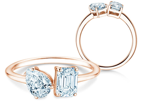 Verlobungsring Toi et Moi Pear & Emerald in 9K Roségold mit Diamanten 0,30ct G/VS